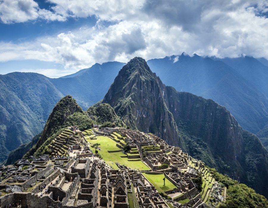 Aerial view of Macchu Picchu ruins in remote landscape, Cusco, Peru